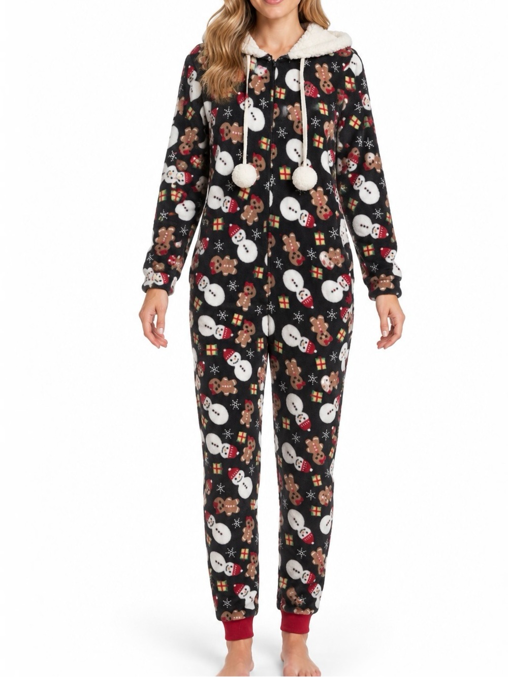 Rue Luv Women’s Christmas Fleece Hooded Onesie Pajamas Size M Snowman Gingerbrea